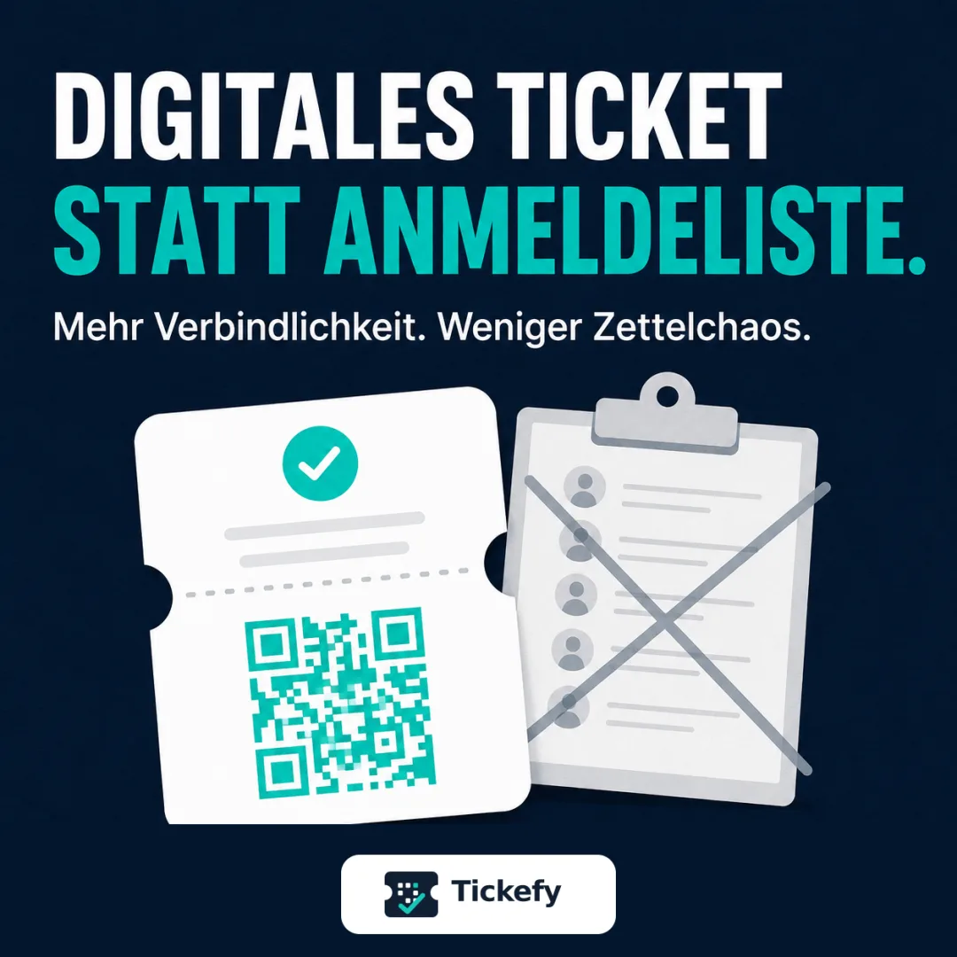 Digitales Ticket mit QR-Code neben einer durchgestrichenen Anmeldeliste: Digitales Ticket statt Anmeldeliste.