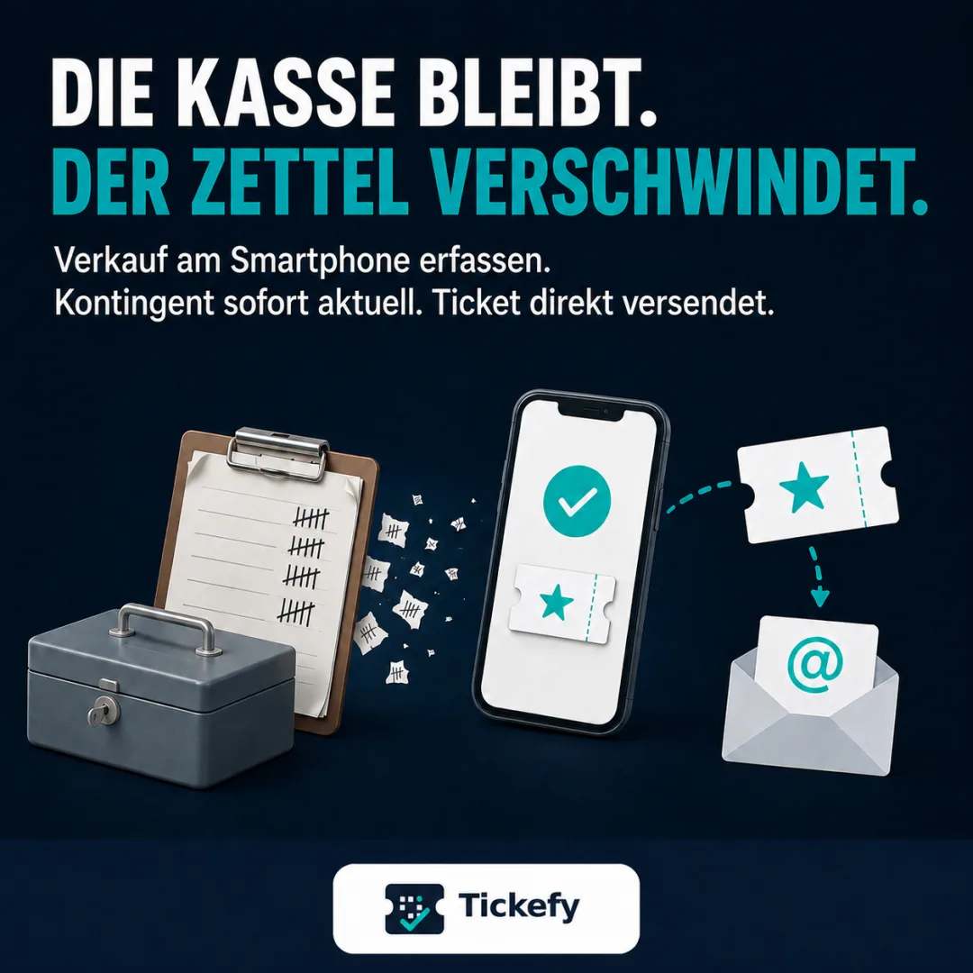 Geldkassette und Strichliste werden zu einem digitalen Ticket per E-Mail: Die Kasse bleibt. Der Zettel verschwindet.