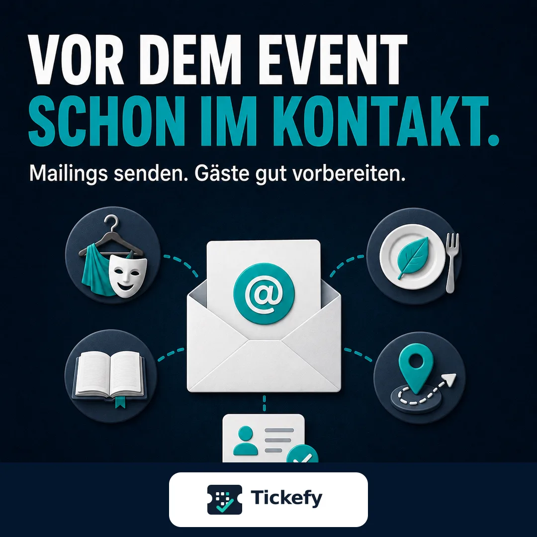 Briefumschlag mit E-Mail-Symbol, umgeben von Kostüm, Buch, Menü und Wegweiser: Vor dem Event schon im Kontakt.