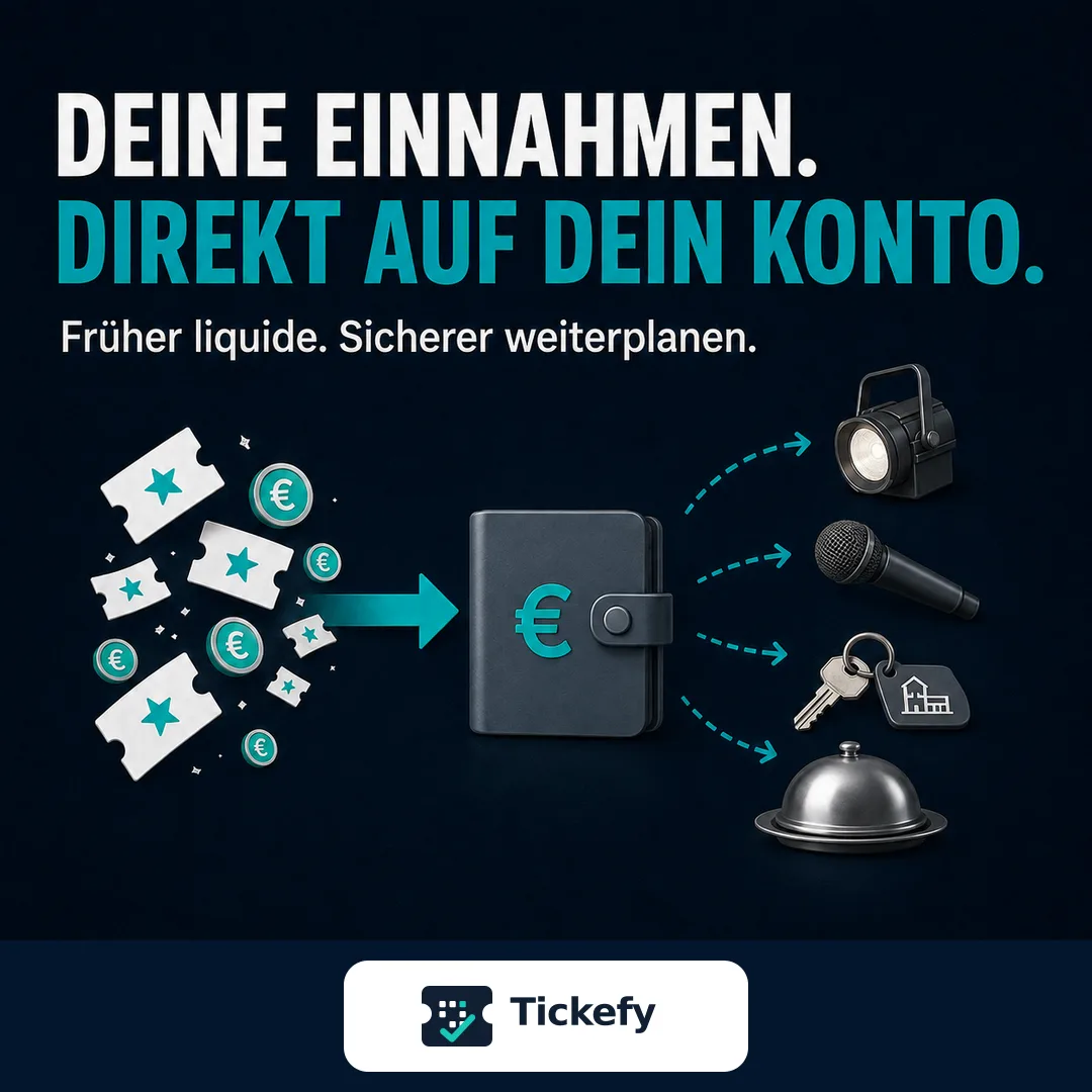 Tickets und Münzen fließen in eine Geldbörse und weiter zu Technik, Raum und Catering: Deine Einnahmen. Direkt auf dein Konto.